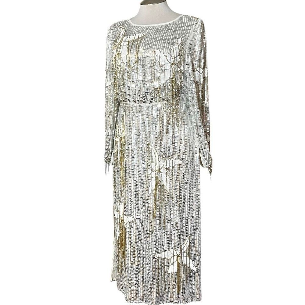 River Island London‎ Floral Sequin Fringe Long Sleeve MIDI Party Holiday Dresd - Picture 3 of 11